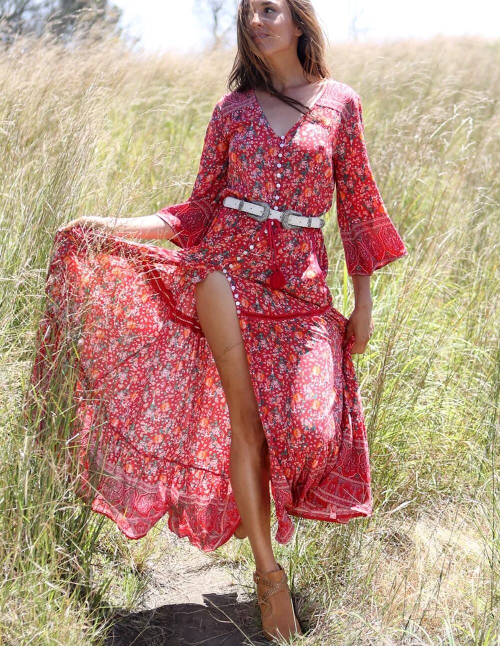 NWT Tulle & Batiste Jamawar Rose Maxi Dress Scarlet Rose Boho Cottage Medium